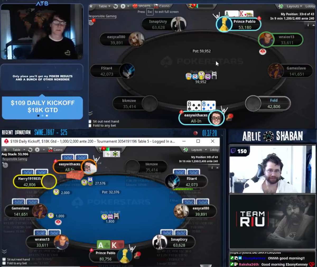 Fintan Hand and Arlie Shaban Clash On The Bubble While Both Streaming The PokerStars $109 Daily Kickoff