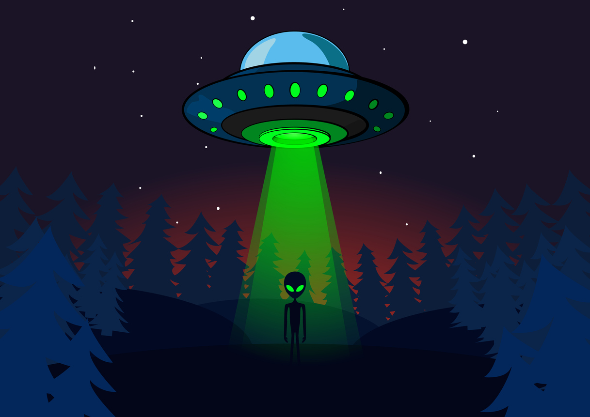 illustration of UFO and alien landing